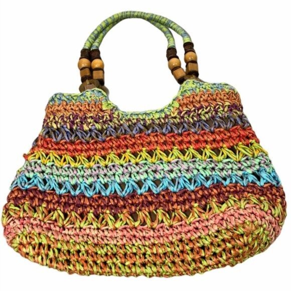 Cappelli Straworld Handbags - Cappelli Straworld Shoulder Bag Boho Rainbow Colors Beaded Handles Zipper Green